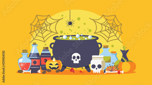 Halloween still life with cauldron, potion bottles, pumpkin and spider web on yellow background