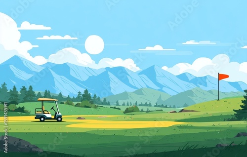 Pixel Art Golf Course Landscape Sunny Day on Green Hills with Mountains