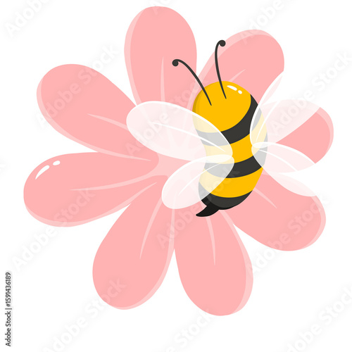 Cartoon Style Bee on Pink Flower Spring Season Illustration