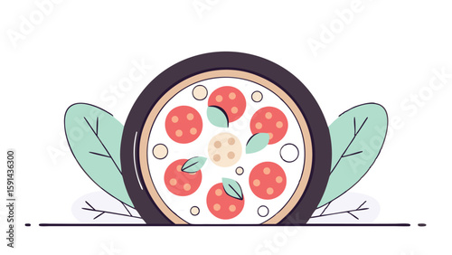 A pepperoni pizza with basil leaves and a dark crust against a white background and green leaves