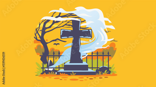 A spooky graveyard scene with a cross tombstone and a ghostly apparition on a yellow background view