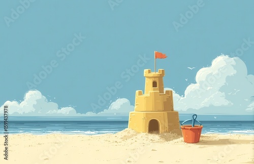 Pixel Art Sandcastle on a Sunny Beach