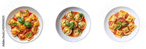 Set of restaurant ravioli with sauce in a plate isolated on transparent background PNG