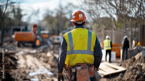 Construction Workers in Safety Gear at Active Muddy Worksite Scene