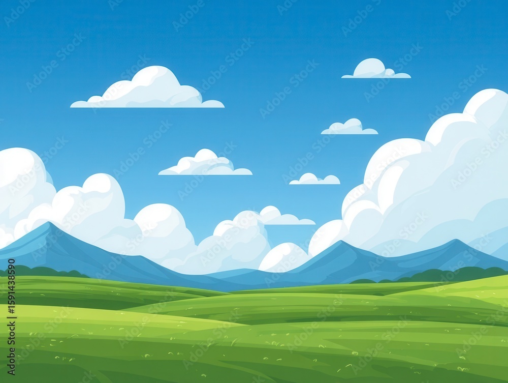 Fototapeta premium Pixel Art Sunny Landscape Green Fields and Blue Mountains Under a Bright Sky