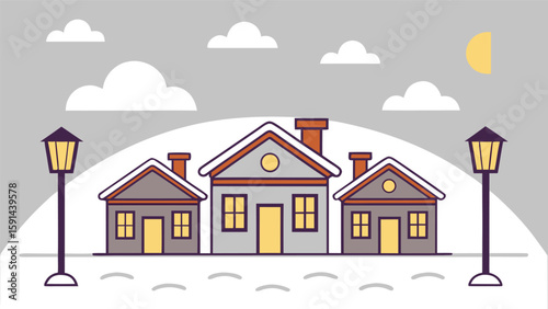 Charming winter village scene: three cozy houses nestled in snow, illuminated by warm streetlights under a soft, cloudy sky; minimalist, flat design style evokes a peaceful, serene mood.