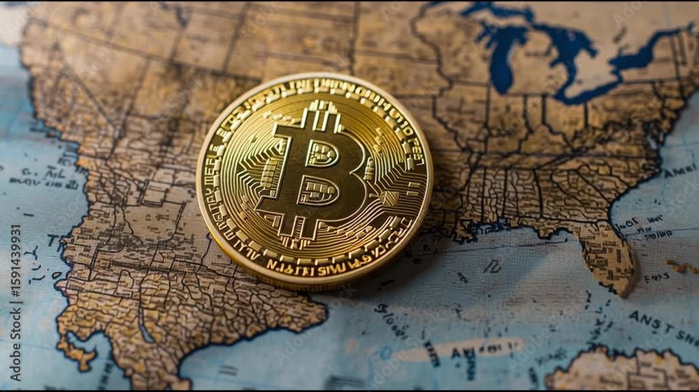 A bitcoin coin resting on a map highlighting the importance of crypto exchange security in various regions worldwide. Bitcoin on World Map – Animated Video Version