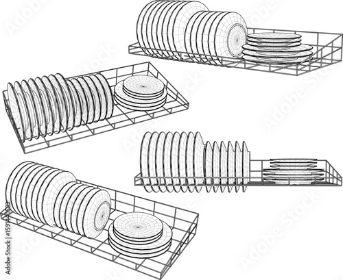 ector illustration of a modern minimalist iron rack design for plates, glasses and bowls 
