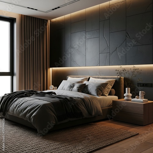 A modern bedroom features a large bed with grey bedding, a textured dark accent wall with backlighting, a wooden nightstand with minimalist decor, and a large window with brown curtains. Ai Generative