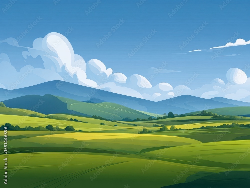 Obraz premium Serene Pixel Art Landscape Sunny Day in Green Fields and Blue Mountains