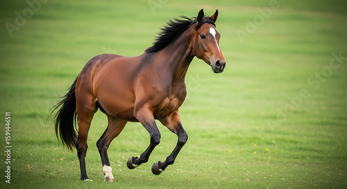A powerful brown horse gallops freely across a lush green meadow, showcasing its strength and beauty in a natural setting.