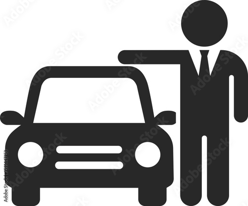 Businessman clip art standing with car symbolizing automotive business, car sales, and corporate travel