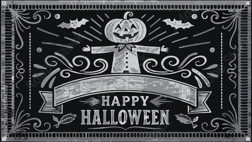 Happy halloween banner with pumpkin scarecrow bats and decorative swirls in grayscale illustration style