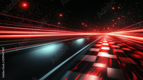 Futuristic checkered road with light trails and a starry sky, creating a sense of speed and innovation, ideal for technology concepts
