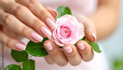 Fototapeta Naklejka Na Ścianę i Meble -  Close-up of elegant woman’s hands with glossy pink French manicure, gently holding single sprig of pink roses with lush green leaves, soft background