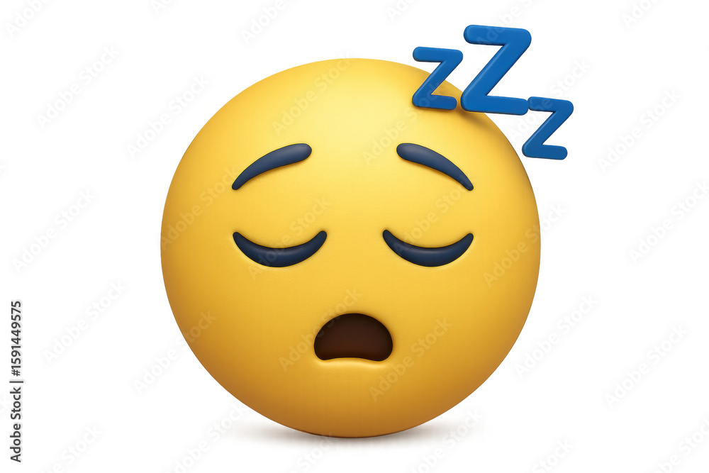 Fototapeta premium 3d yellow emoji sleeping, closed eyes, floating zzz text, transparent backdrop, digital illustration rendering