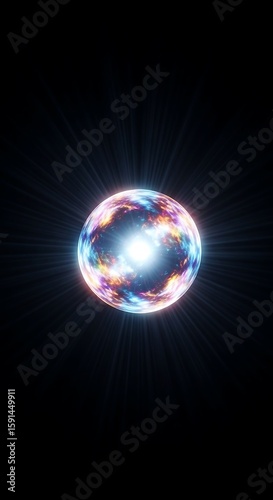 Radiant Energy Orb: Mystical, Colorful, Abstract Sphere Glowing in Dark Space with Light Rays.
