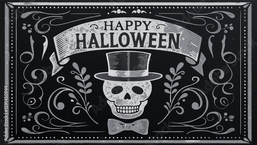 Happy halloween banner with skull wearing a hat and bow tie on a decorative black background design