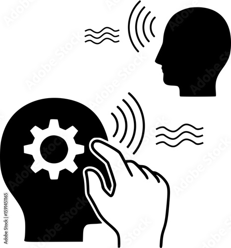 A conceptual icon of conflict and misunderstanding between colleagues. People's heads with a gear and a "wave" of communication, symbolizing the complexity of interaction and disagreements.