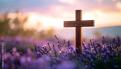 Wooden Cross in Lavender Field Sunset - Spiritual imagery
