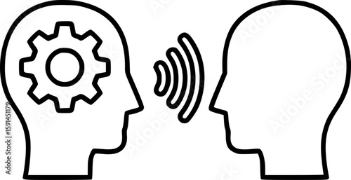 A conceptual icon of conflict and misunderstanding between colleagues. People's heads with a gear and a "wave" of communication, symbolizing the complexity of interaction and disagreements.