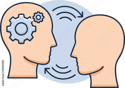A conceptual icon of conflict and misunderstanding between colleagues. People's heads with a gear and a "wave" of communication, symbolizing the complexity of interaction and disagreements.