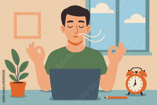 Flat illustration of man taking a mindful breathing break at desk during work to recharge and maintain efficiency