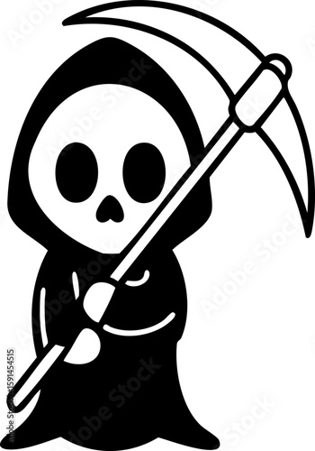 Cute grim reaper holding scythe with hooded cloak and skull face in simple line art drawing style