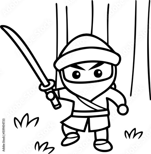 Ninja warrior holding sword in forest with determined expression line art drawing