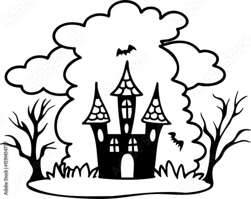 Haunted castle with bats flying around spooky trees and dark clouds, eerie atmosphere for Halloween night celebration