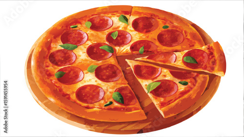 A pepperoni pizza with a slice cut out and basil leaves on a wooden serving board 