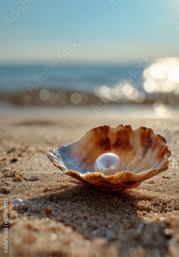 White Pearl in Brown Seashell on Sandy Beach