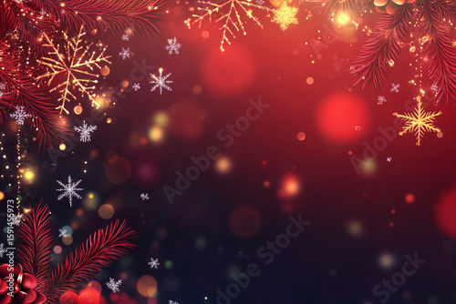 Festive red Christmas background with golden snowflakes and pine branches