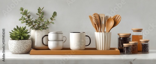 Wooden Tray with White Mugs and Greenery on White Countertop