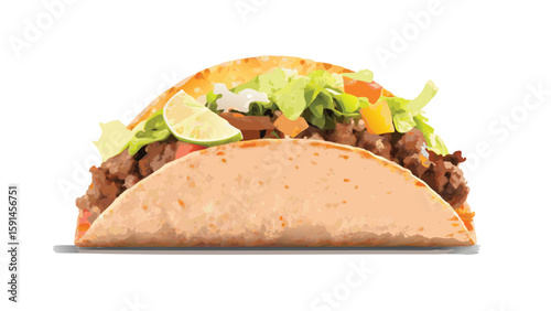 A delicious taco filled with meat lettuce and a lime wedge on a white background in a close up view