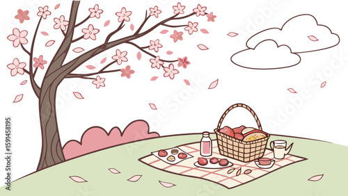 Serene spring picnic scene: whimsical illustration of a checkered blanket, wicker basket filled with treats, and a blossoming cherry tree under a soft, cloudy sky.