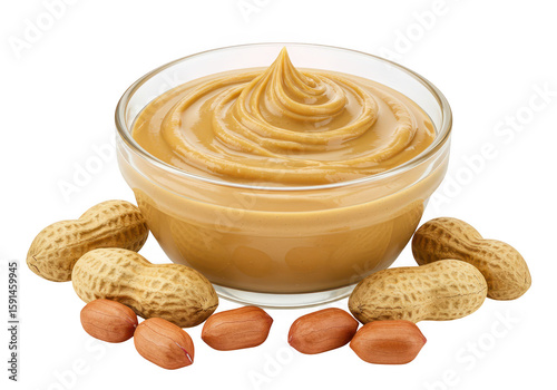 A glass bowl filled with creamy peanut butter surrounded by peanuts and shells, isolated on a transparent background