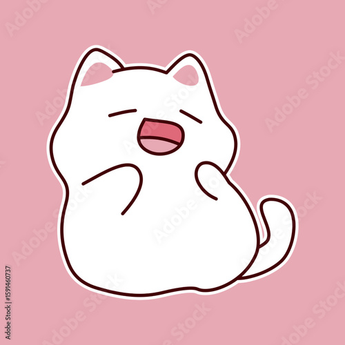 Cute white cartoon cat yawning with pink background