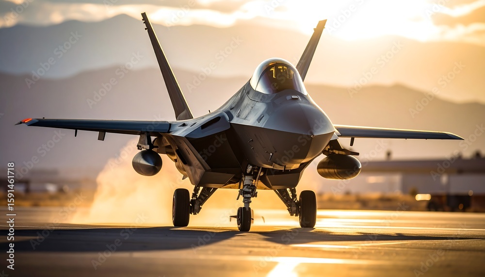 Fototapeta premium Military jet on runway at sunset