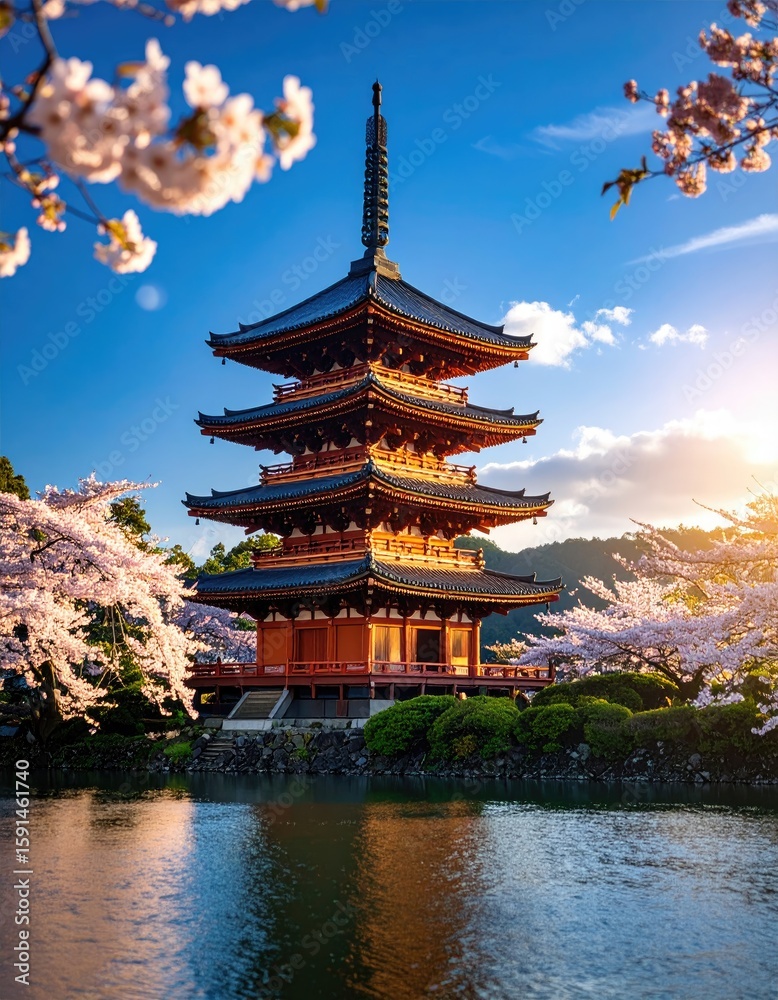Naklejka premium Stunning pagoda amidst cherry blossoms