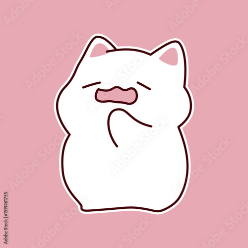 Cute white cartoon cat yawning with pink background