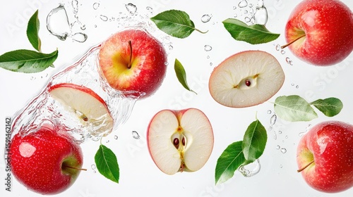 Red apples splash with leaves in water on white background