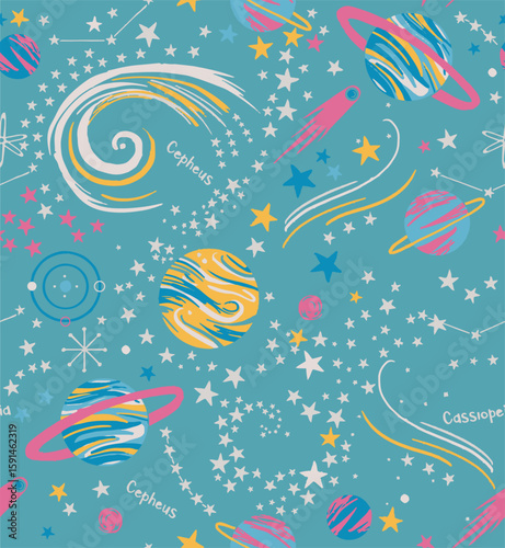 A fun, seamless space pattern featuring colorful planets, stars, constellations, and galaxies on teal, perfect for kids’ clothing, nursery decor, and textile prints.