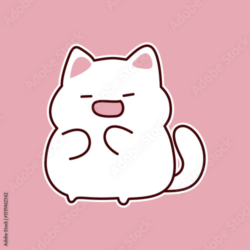 Cute white cartoon cat yawning with pink background