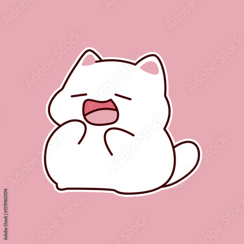  Cute white cartoon cat yawning with pink background