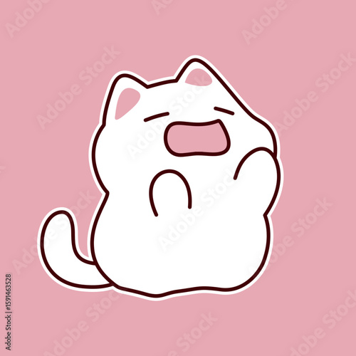  Cute white cartoon cat yawning with pink background