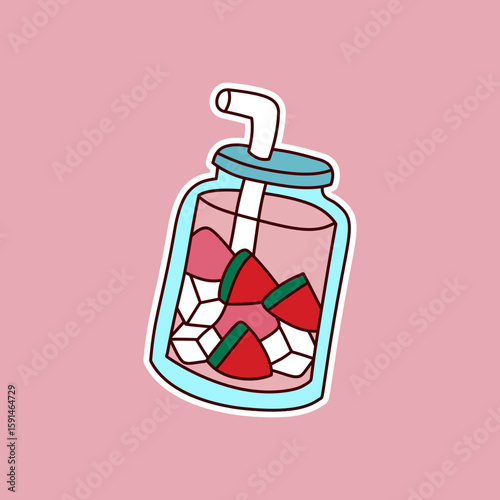 Refreshing watermelon drink in a cute glass jar with straw and ice cubes
