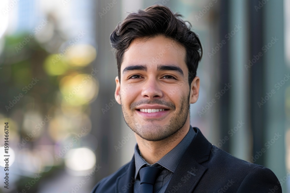 Smiling Asian Businessman Headshot with Blurred Cityscape Background Smiling Asian Businessman Headshot with Blurred Cityscape Background