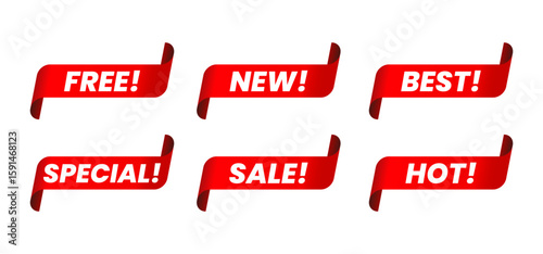 Red Promotional Ribbons Set – FREE, NEW, BEST, SPECIAL, SALE, HOT Tags Vector