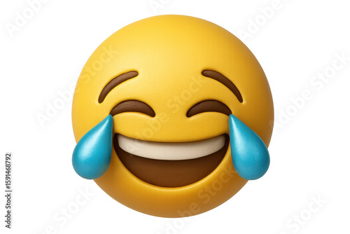 Yellow laughing emoji with tears streaming down its face, conveying extreme amusement and laughter on a transparent background
